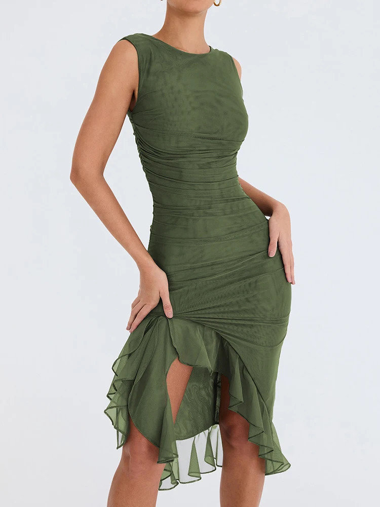 Mozision Elegant Ruffle Ruched Midi Dress For Women Dress Summer Backless Sleeveless Irregular Club Party Sexy Dress 250122