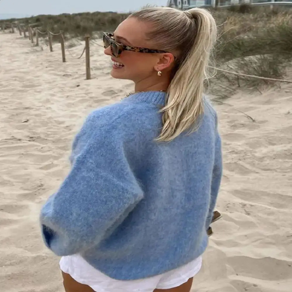O-neck Rib Kintted Mohair Long Sleeve Sweater Women Autumn Winter Loose Cropped Jumper Female Fashion Casual All-match Pullover 250118