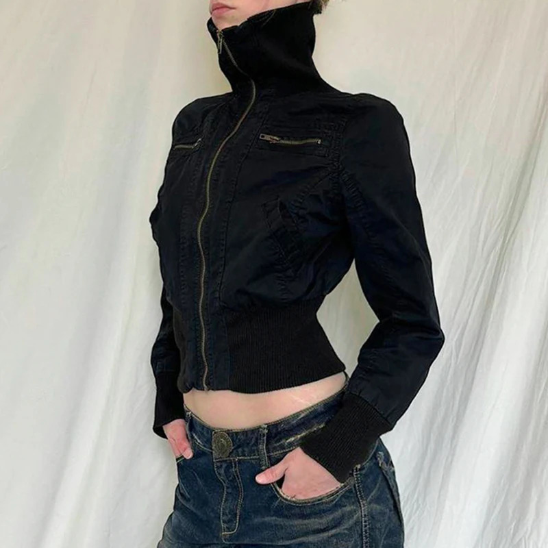 CIBBAR Streetwear Black Zip Up Jacket Autumn Winter Turtleneck Full Sleeve Cropped Jackets for Women y2k Vintage Ladies Outwear 250118