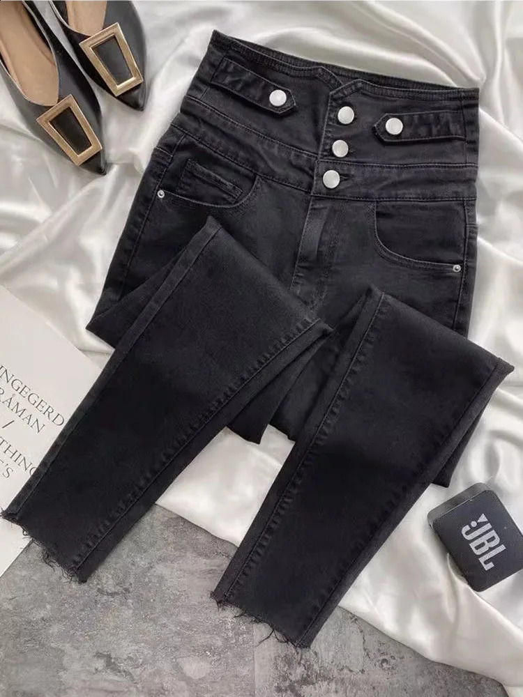 Korean n High Waist Pencil Jeans Woman Casual Vintage Skinny Stretch Denim Pants Spring Fall Streetwear Solid Kot Pantolon 250108