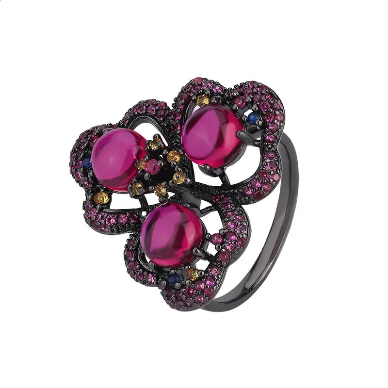Exquisite Adjustable Statement Ring Hollow Flower Butterfly with Blue Red Gemstone Clusters Trendy Fashion Jewelry for Women 250121