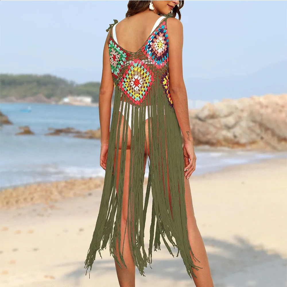 WomenS CoverUps Dress Fashion VNeck Ethnic Print Hollowed Pullover Trend Tassel Breathable Beach Bikini Cover Up 250120