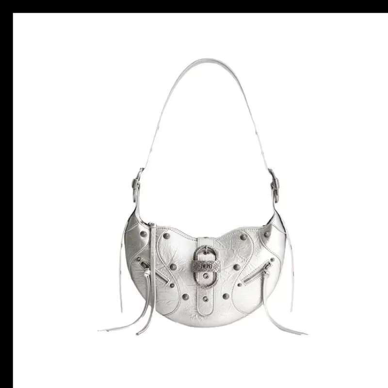 Elegant Large Capacity Oil Wax Leather Women's Crossbody Brand Design Rivet Motorcycle Trend Punk Style Shoulder Bag