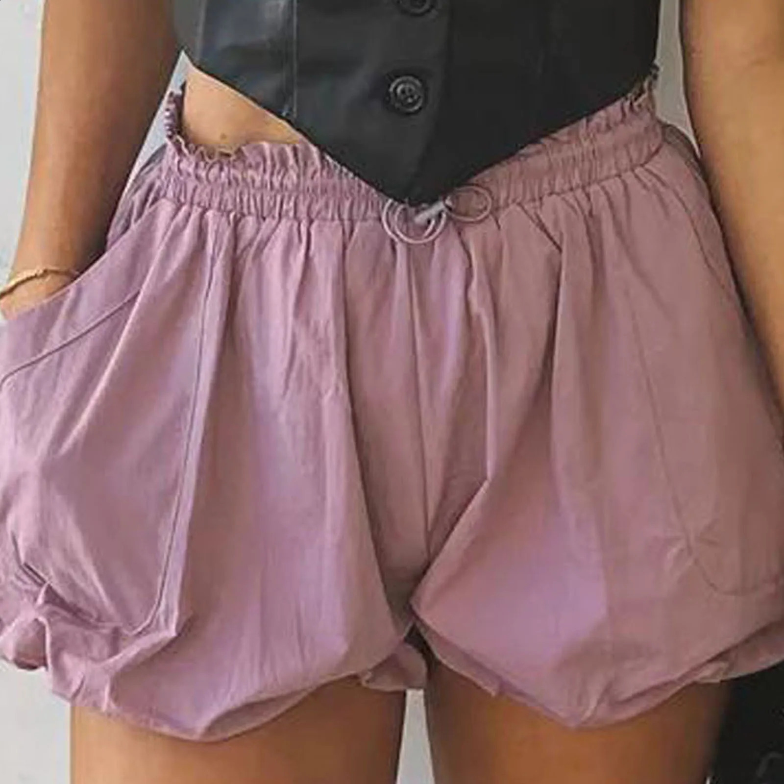 Women Summer Solid Color Casual Budded Shorts Drawstring Waisted Athletic Workout Bubble Shorts with Pockets 250118