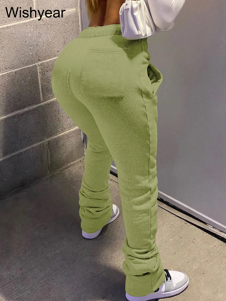 Sales Solid Stacked Pencil Pants Women High Waist Pocket Drawstring Ruched Fleece Trousers Sporty Jogging Bottoms Sweatpants 250122