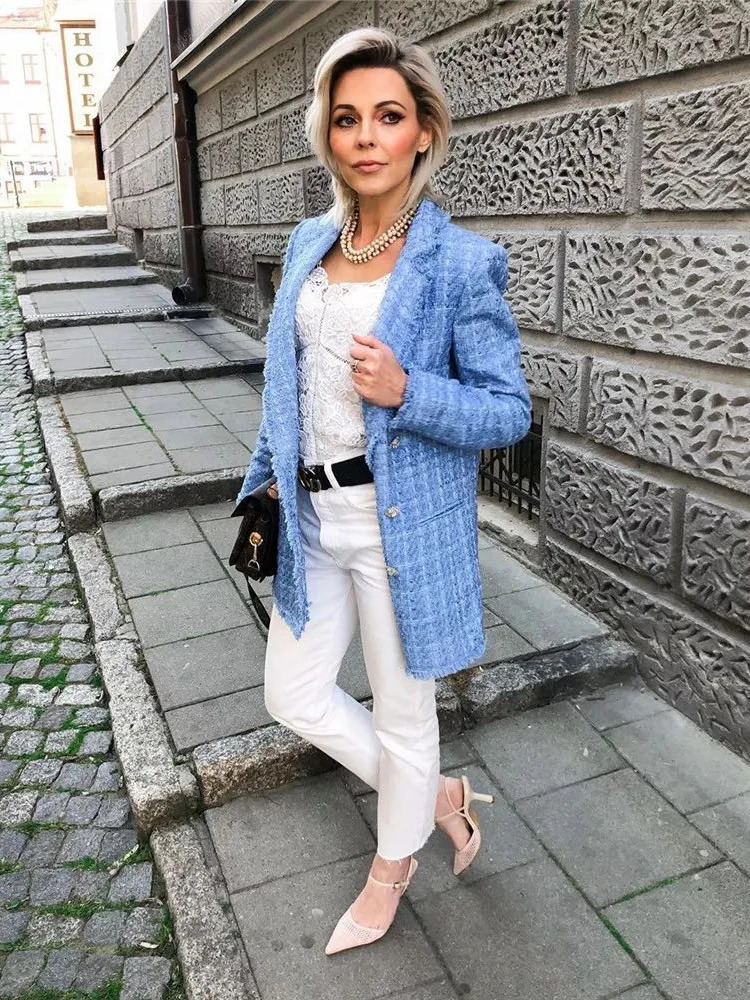 Tweed Women Elegant Blue Jacket Fashion Ladies Vintage Loose Stylish Jackets Casual Female Outerwear Girls Chic 250122