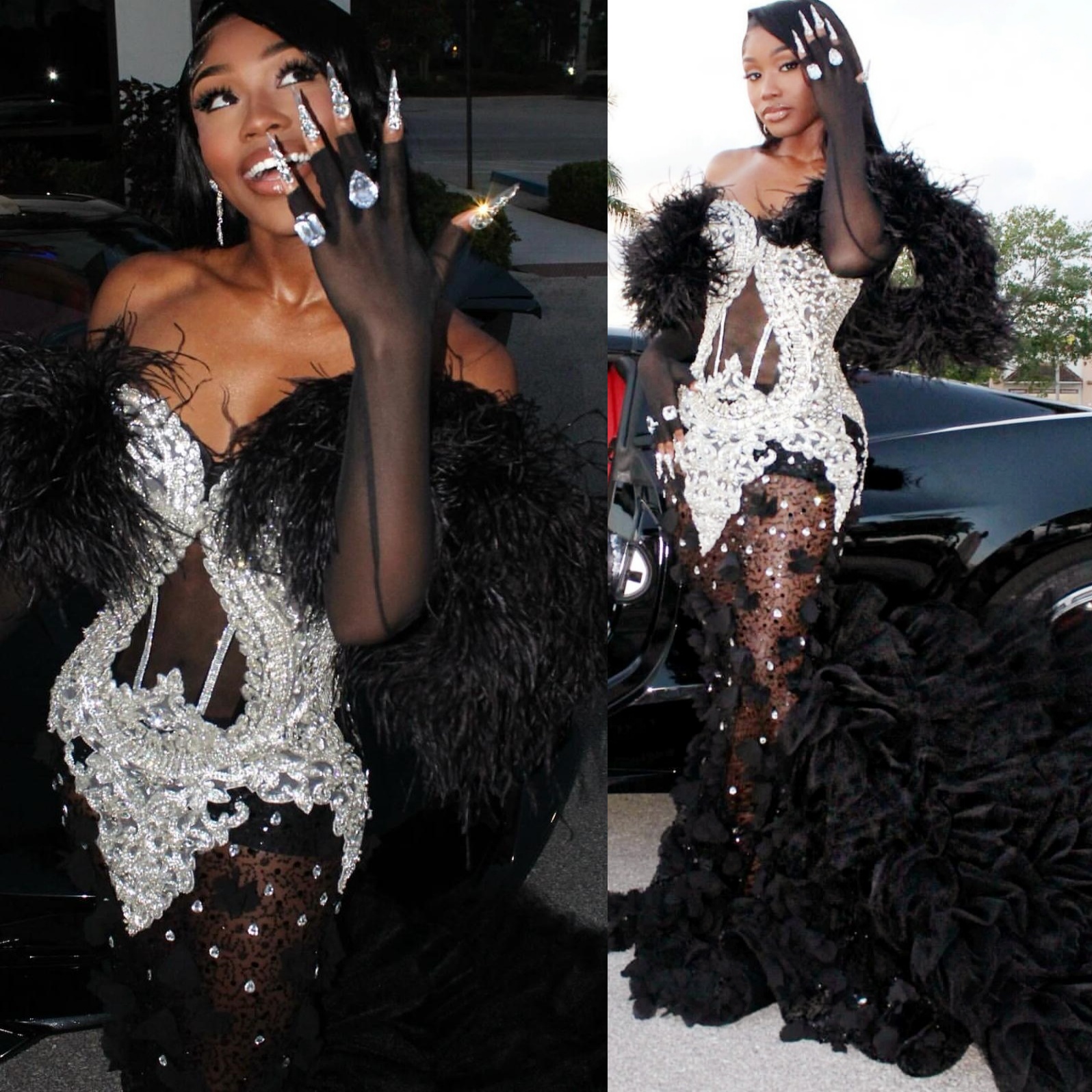 Aso Ebi Black Mermaid Prom Dresses 2025 Feather Lace Crystals Tiers Evening Formal Party Second Birthday Engagement Gowns Plus Size Dress For Special 