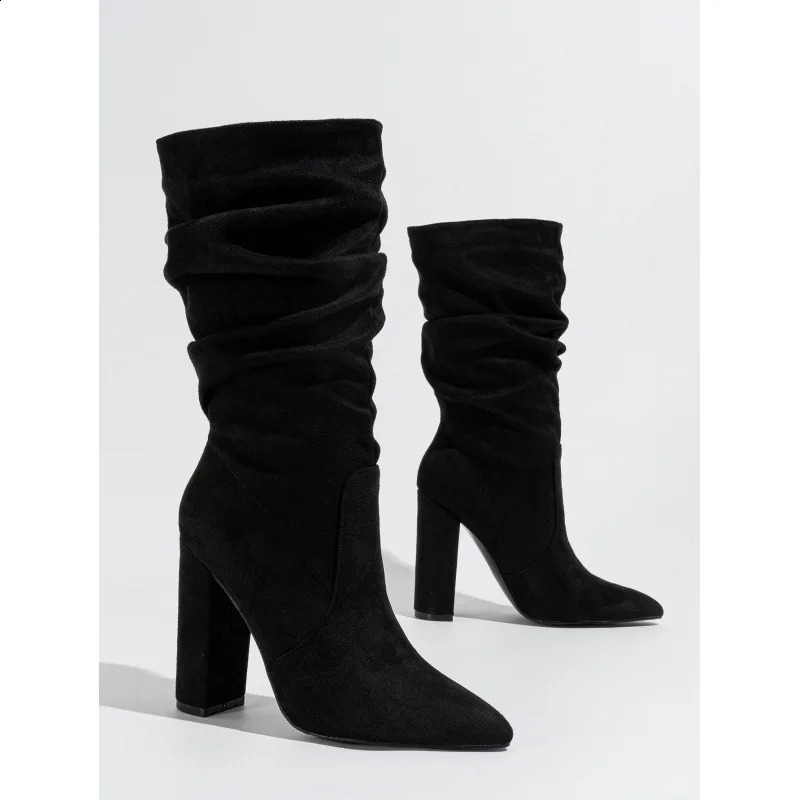 AIYUQI pointed toe womens high heel boots midtube spring female fashionable pleated women heels 250117
