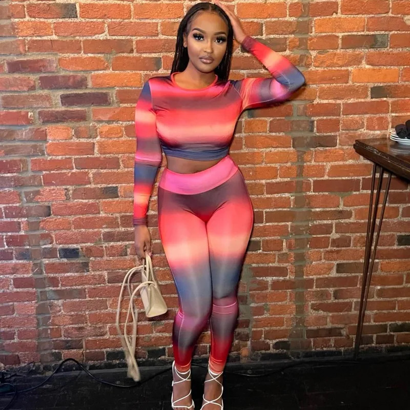 Oshfall Autumn Fashion Body Printing Two-Piece O-collar Long Sleeved TopHigh Waist Slim Pants Women Sexy Street Suit 250122
