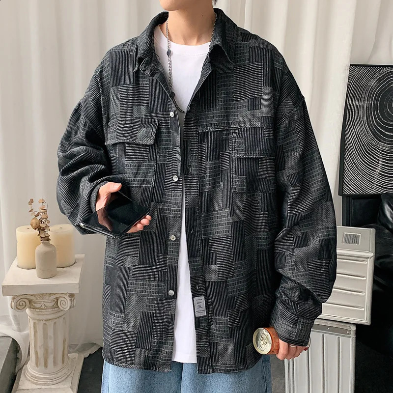 Hong Kong Style Autumn Denim Work Jacket Harajuku Shirt Men Thin Japanese Fashion Loose Longsleeved Casual 250110