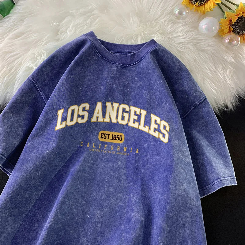 Hip Hop Street Tshirt Men Los Angeles California Letter Shirt Cotton Retro Washed Short Sleeve Soft Comfort Tshirts Tiki 250122