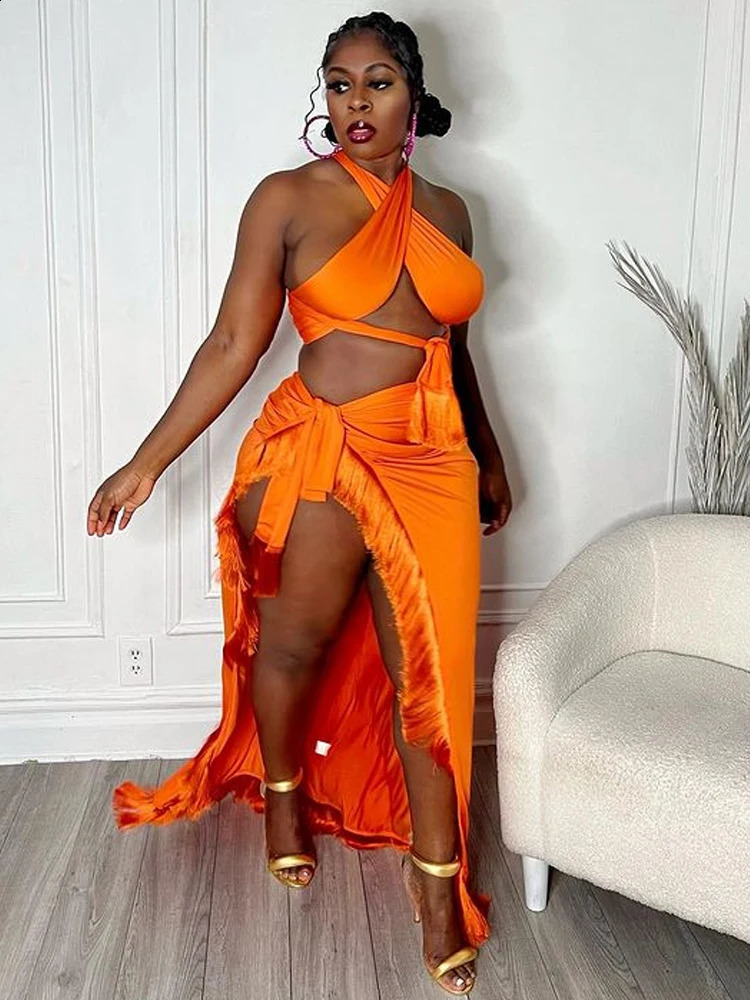 Beyprern Chic Halter Neck Crop Top And High Slit Resort Wrap Skirt Set Two-Piece Outfits Summer Fringed Swimsuits Cover-Up Set 250113
