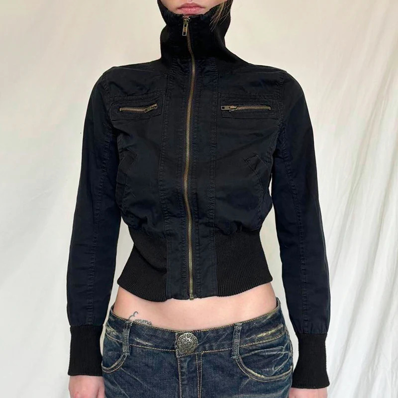 CIBBAR Streetwear Black Zip Up Jacket Autumn Winter Turtleneck Full Sleeve Cropped Jackets for Women y2k Vintage Ladies Outwear 250118