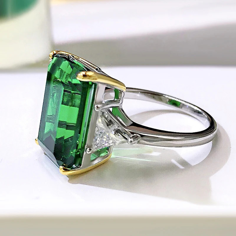 OEVAS 100% 925 Sterling Silver Sparkling 10*14mm Emerald Cut Green Wedding Ring For Women High Carbon Diamond Fine Jewelry Gifts250122