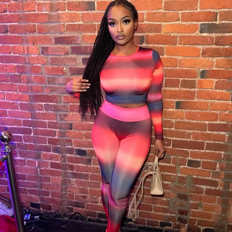 Oshfall Autumn Fashion Body Printing Two-Piece O-collar Long Sleeved TopHigh Waist Slim Pants Women Sexy Street Suit 250122