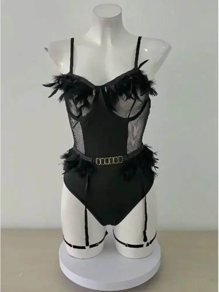 SXXL Spaghetti Strap Mesh Transparent Swimsuit Feather Patchwork Body Garter Belt Leg Harness Tights Sexy Clubwear Lingerie 250108