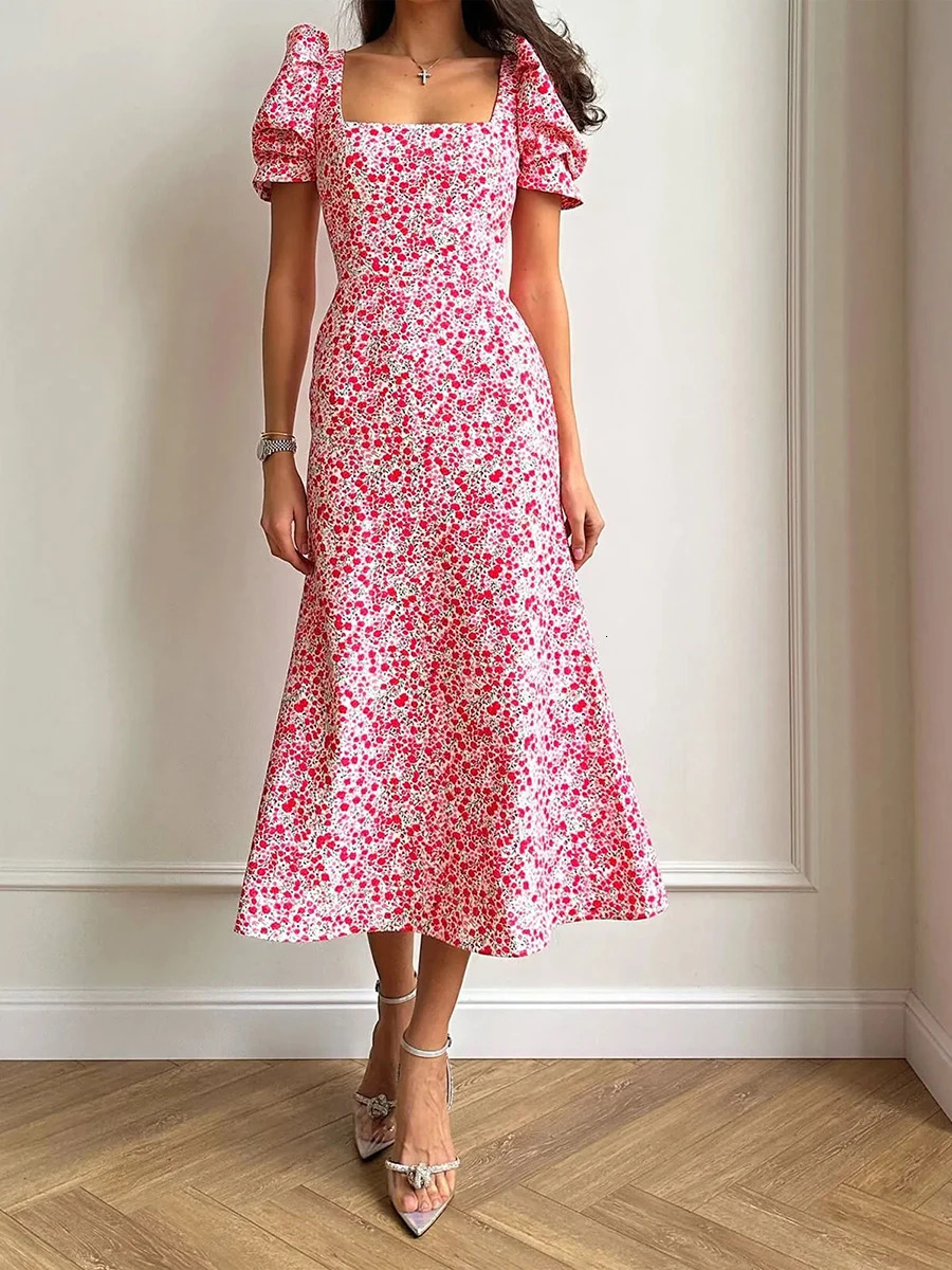 Fashion Womens Summer Midi Dress Casual Short Puff Sleeve Floral Print A-Line Dress Elegant Flowy Dress S M L 250122