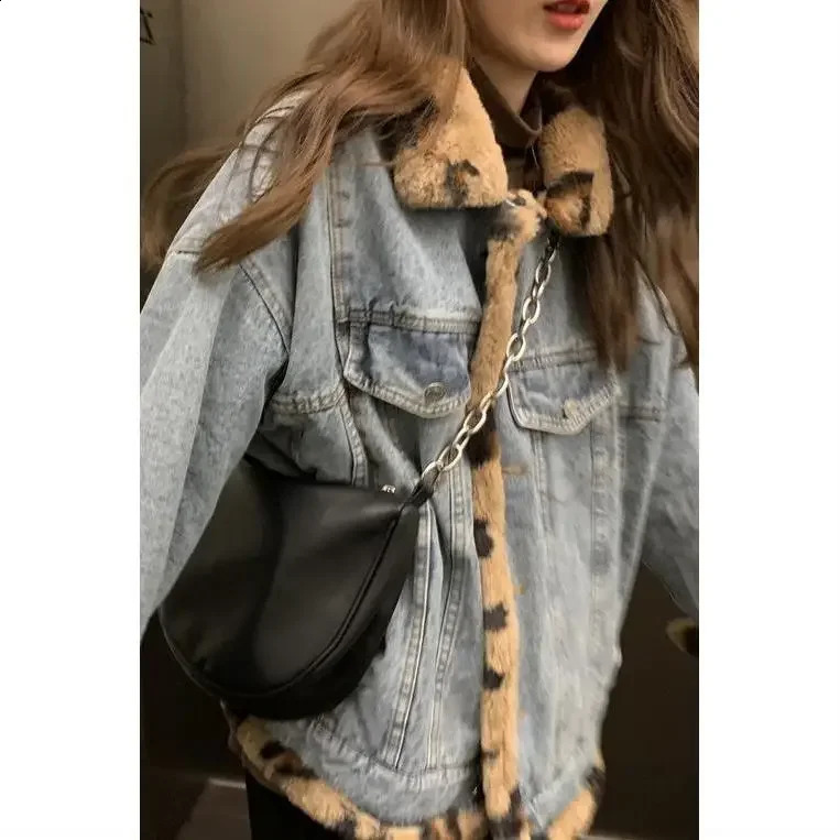 Winter Korean Style Loose Short Versatile Velvet Thick Coat for Women Trendy Cool Fashion Leopard Denim Jacket for Women 250121