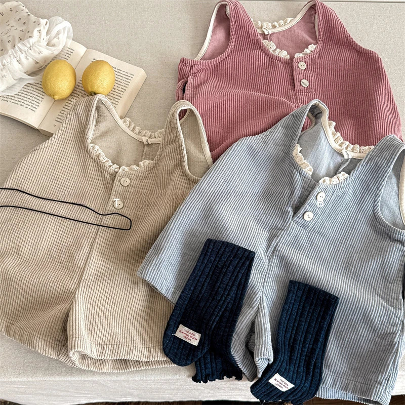 5264 Childrens Clothing Spring Girls Korean Corduroy Jumpsuit Pantsuit Casual Strap Pants 250117