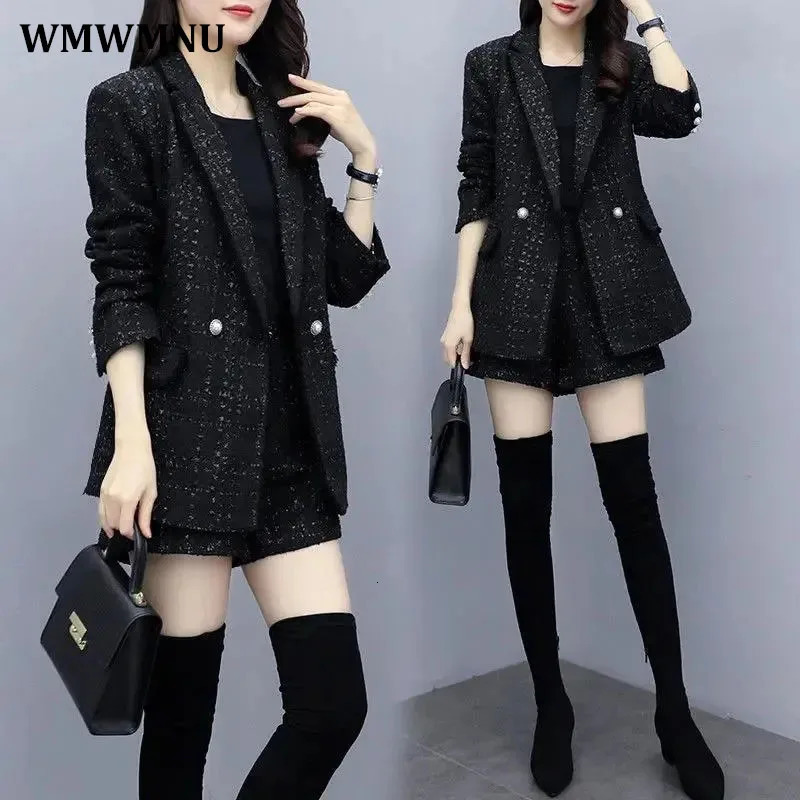 Black retro plain coarse woolen suit elegant loose jacket and shorts set Korean ensemble womens 2piece 250122