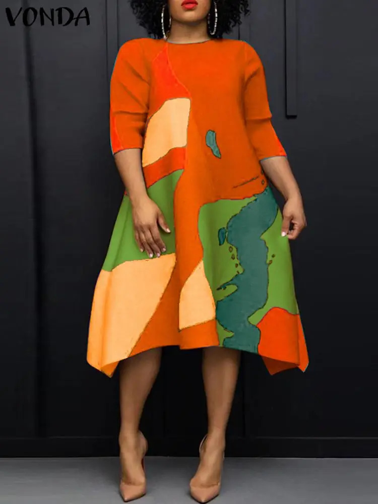 Plus Size 5XL VONDA Women Summer Midi Dress 2024 Bohemian Printed Vintage Half Sleeve Asymmetrical Sundress Loose Casual Robe 250121