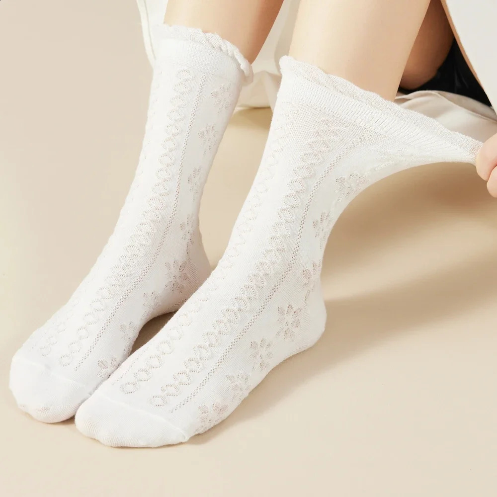 7 Pairs Ruffles White Women Socks Floral Middle Tube Crew Socks s Japanese Style School Socks Dancing Autumn Spring 250121