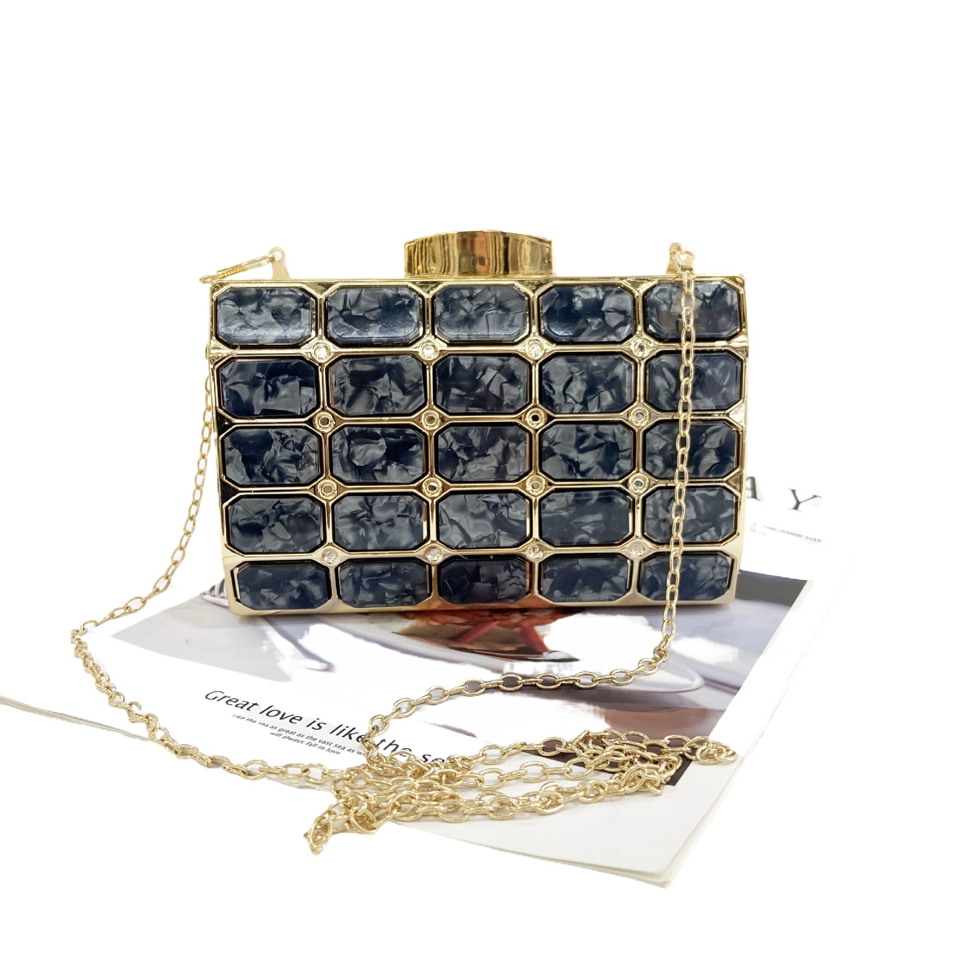 New Handheld Small With Stone Pattern Acrylic For Women's Party Banquet Bag, Single Shoulder Square Box Bag
