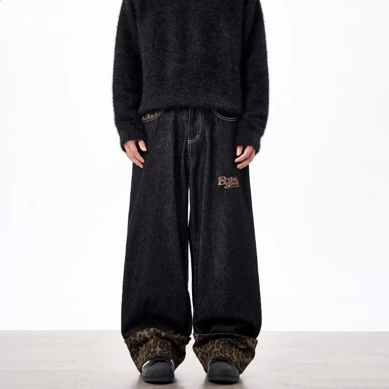 Leopard Print Patchwork Mens Jeans Hip Hop Fashion Washed Wide Legs Cow Pants Size S-3XL Curling Edge Denim Trousers 250120