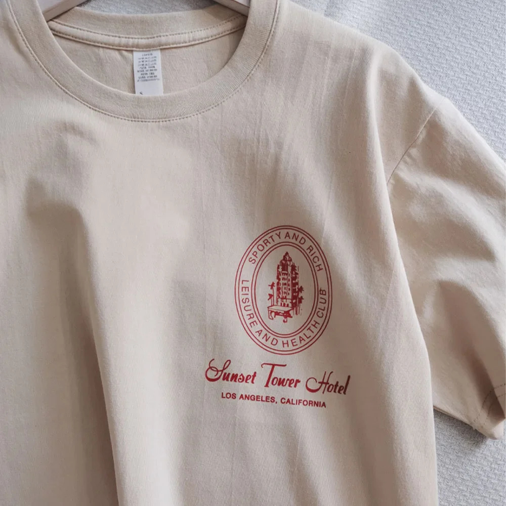 American Vintage Style Sunset Tower el Printing Graphic Tees Khaki Short Sleeve 100 Cotton Tops Summer Women Casual T Shirt 250121