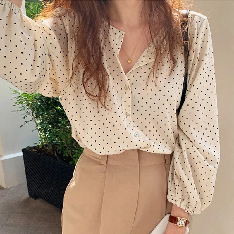 O Neck Dot Print Chiffon Shirt For Women Casual Tops Autumn Long Sleeve Buttonup Ladies Blouses Korea Chic Streetwear shirt 250122