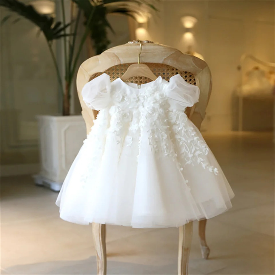 Baptism High Waisted Princess Dress White Baby Birthday Wedding Dress Flower Girl Dress Fluffy Customized Communion Gown 250120