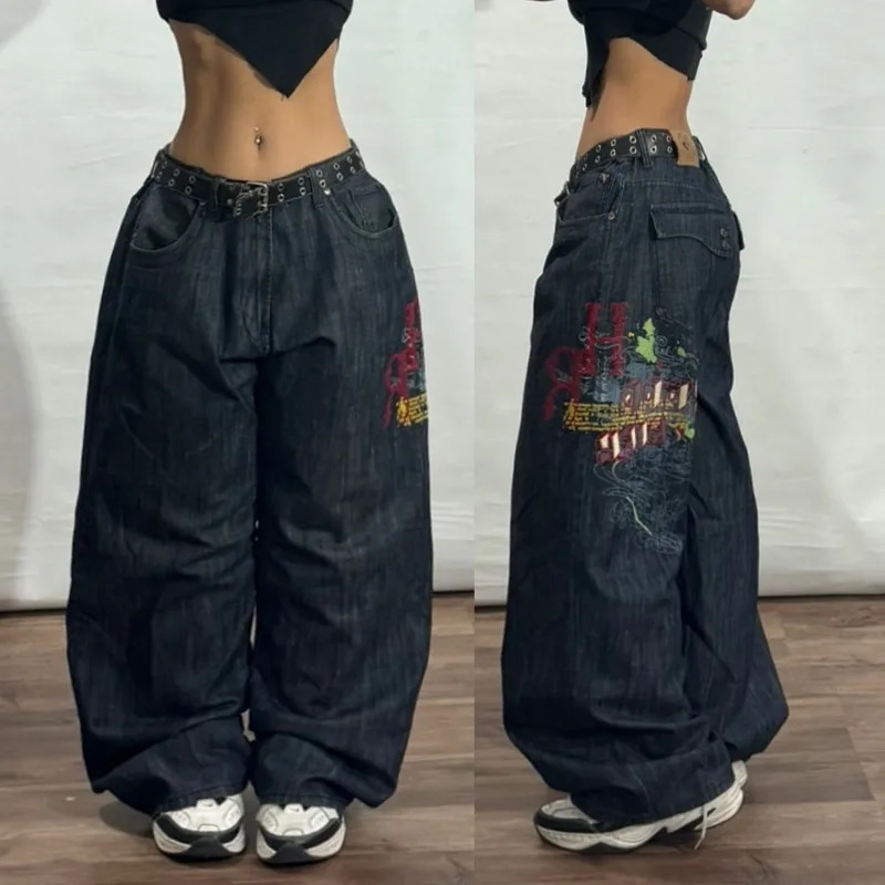 American Trend Vintage Hip Hop Letter Embroidery Pattern Baggy Jeans Men And Women Y2K Harajuku Gothic Wide Pants Streetwear 250117