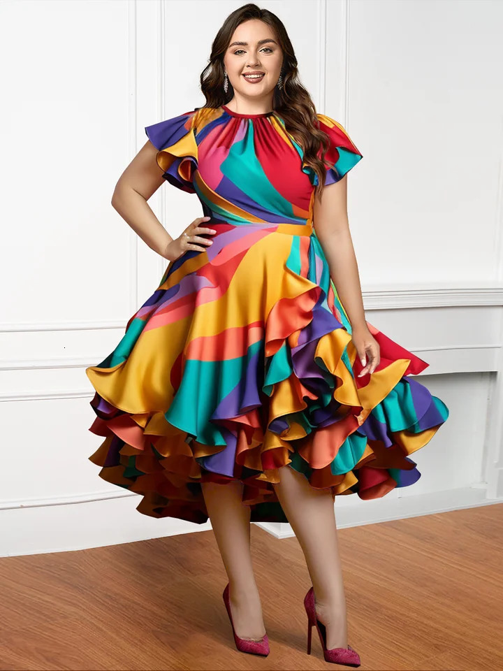Pleated ALine Ruffle Prom Dresses Plus Size Multicolor Round Neck Petal Sleeve Short Elegant Sweet Satin Midi 250121