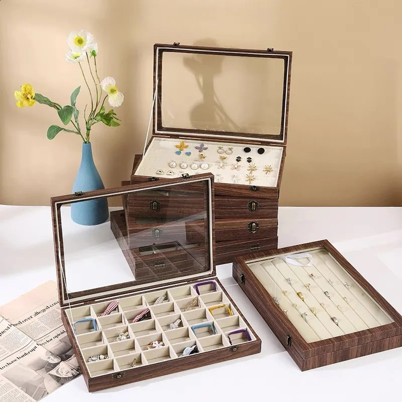 Large Capacity Wooden Pattern Jewelry Storage Box Dustproof Cover Earring Ring Necklace Storage Case For Precious Metals 250117
