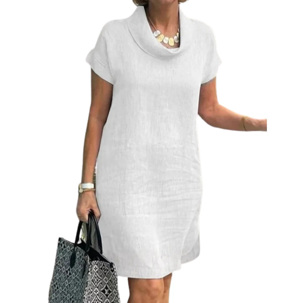 Women Plus Size Pile Up Collar Short Sleeve Cotton Linen Solid Vintage Casual Summer Female Midi Dress Minimalist Retro 250121