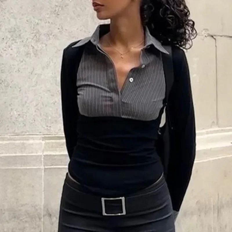 Official Ladies Stripe Print Patchwork Shirts Fashion Polo-neck Button Skinny Crop Tops Autumn Elegant Shirts 250113