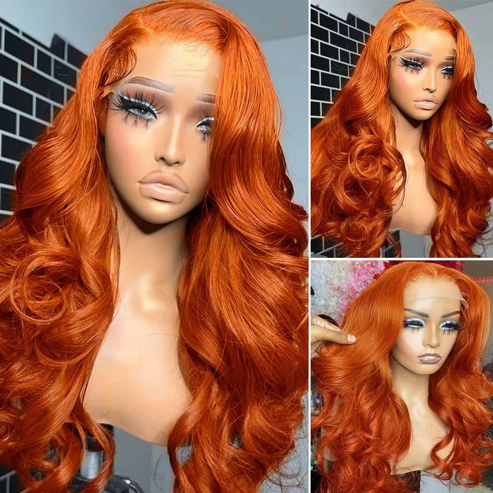 Ginger Body Wave 13x4 Transparent Front Human Hair Wigs Pre Plucked Bleach Orange HD 13x6 Lace Frontal Wig For Women
