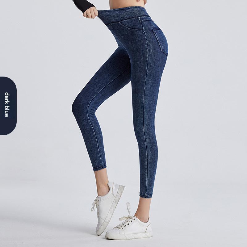New hot-selling European and American high-waisted imitation jeans for women tight and thin hip lift, abdominal elastic outer wear, double pocket fitn
