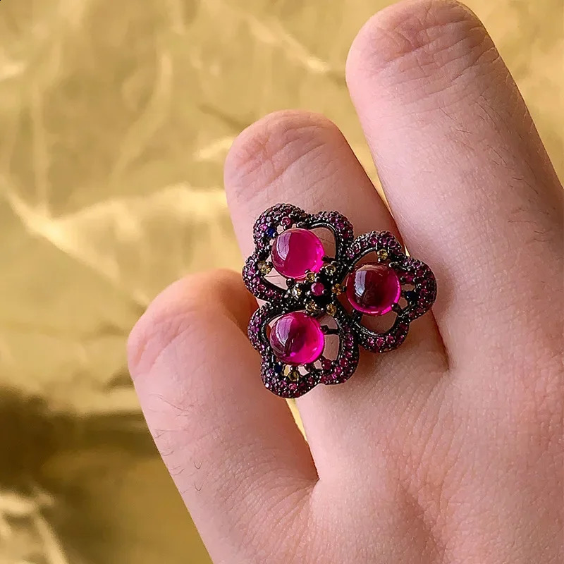 Exquisite Adjustable Statement Ring Hollow Flower Butterfly with Blue Red Gemstone Clusters Trendy Fashion Jewelry for Women 250121