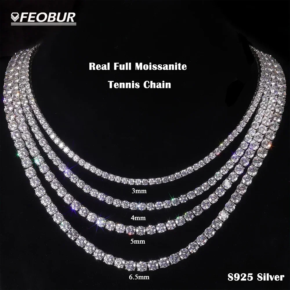 FEOBUR 3/4/5mm Real Tennis Necklace for Women Men S925 Silver Full Diamond Neck Chains Party Trendy Jewelry Gift 250121