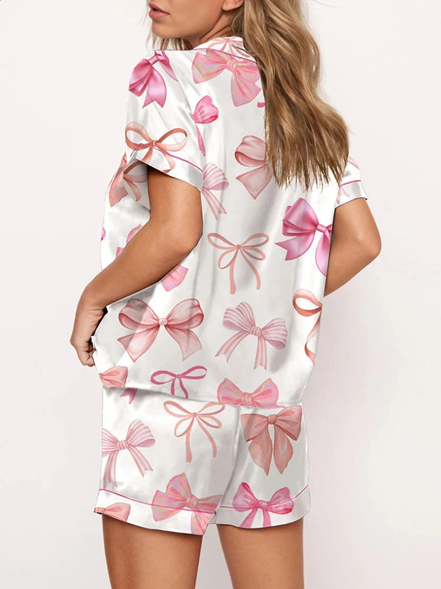 Womens 2 Piece Lounge Set Pajamas Short Sleeve Lapel Cute Bow Print Button Up Shirt Tops Loose Shorts for Sleepwear Pjs 250122