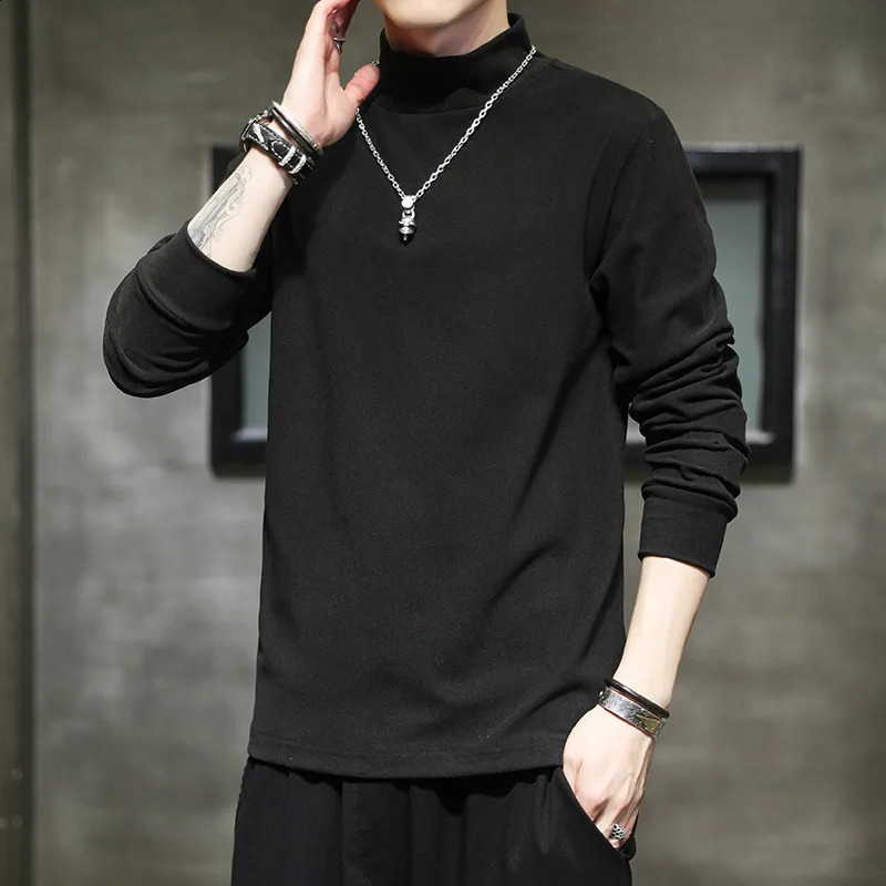Autumn Mens TShirts Spring High Collar Slim Tee Shirt Long Sleeve Solid Color De Rong Warm Basic Tops Man Undershirts 250122