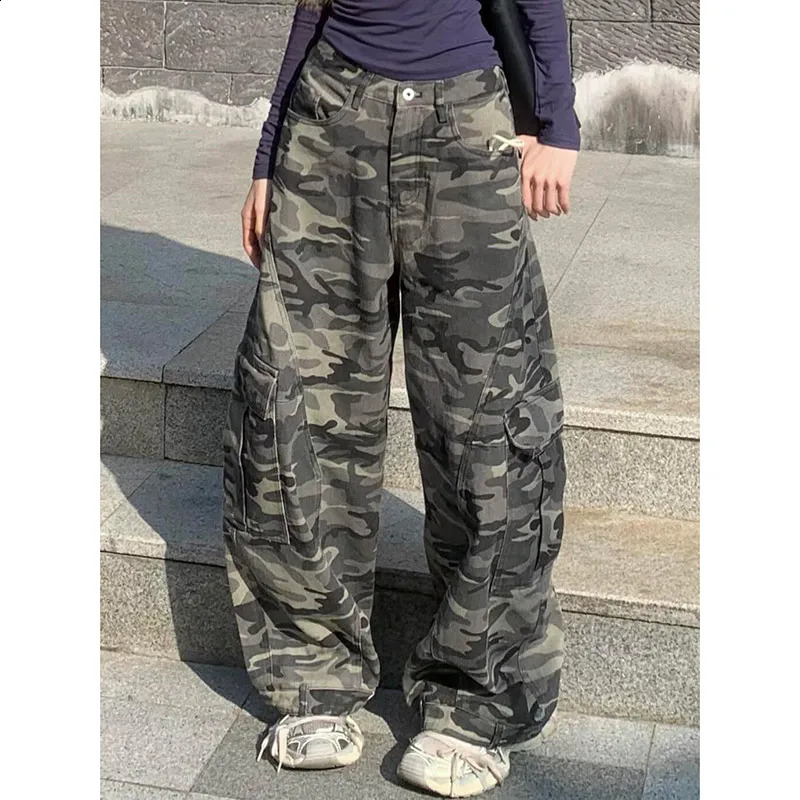 Autumn Winter Low Rise Jeans Y2k Ladies American High Street Baggy Pants Woman Camouflage Drawstring Mop for Women 250122