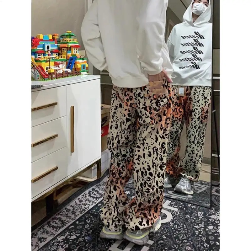 European and American retro leopard print high street straight leg jeans for men and women loose fitting trend casual pants y2k 250120