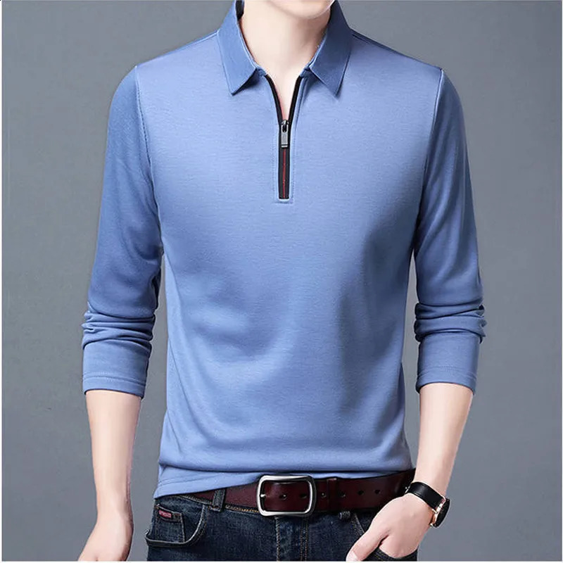 Smart Casual Mens Solid Polo Shirt Spring Autumn Long Sleeve Zipper Collar Business Fashion Loose Polos Tops Clothing 250120
