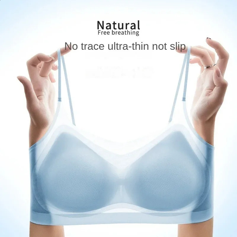 Womens Ice Silk Beautiful Back Seamless Ultra Thin Bra Wireless Solid Vest with Padded Inside Wear Sling Invisible Brassiere 250122