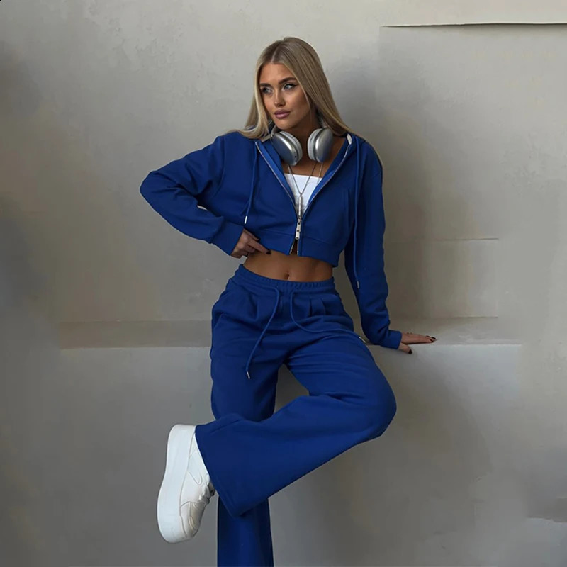 Spring womens casual suit Solid color short waisted hooded cardigan jacket Sports lace-up pocket pants Female two piece set 250118