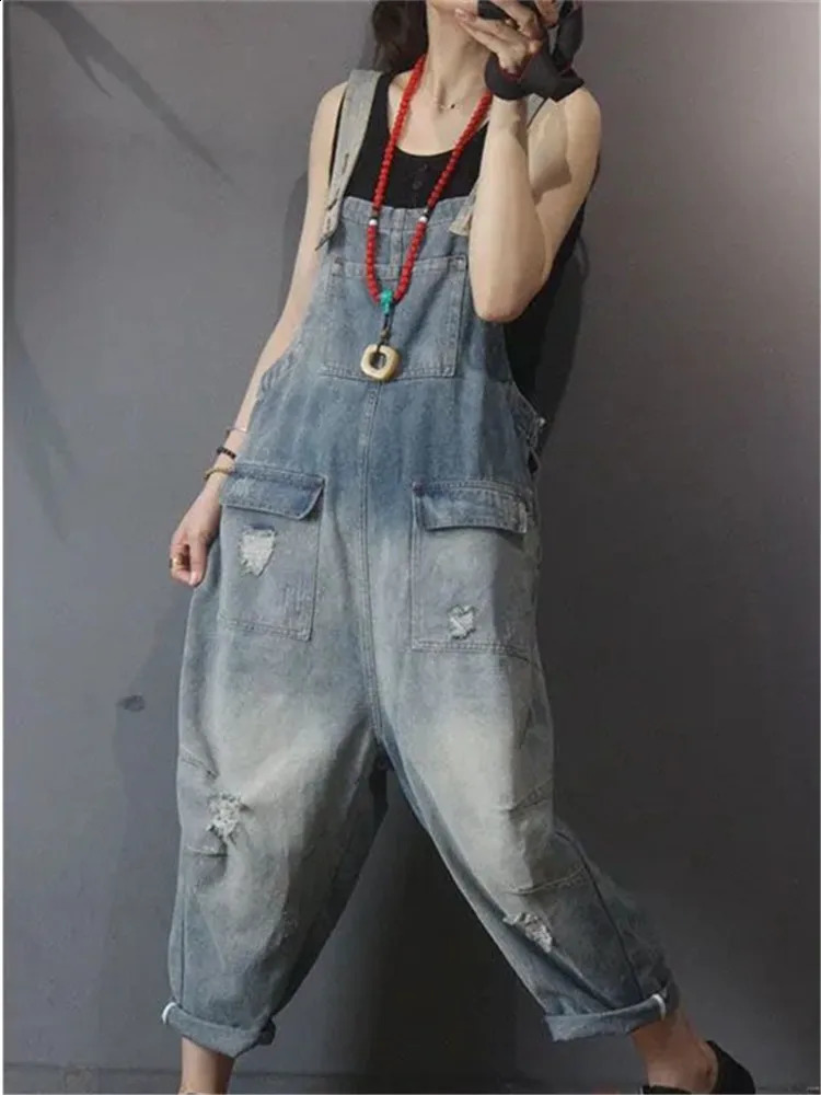 Spring Autumn Vintage Jeans Jumpsuits Women Loose Wide Leg Rompers Hole Denim Jumpsuit Ladies Front Pockets Suspenders Pants 250122