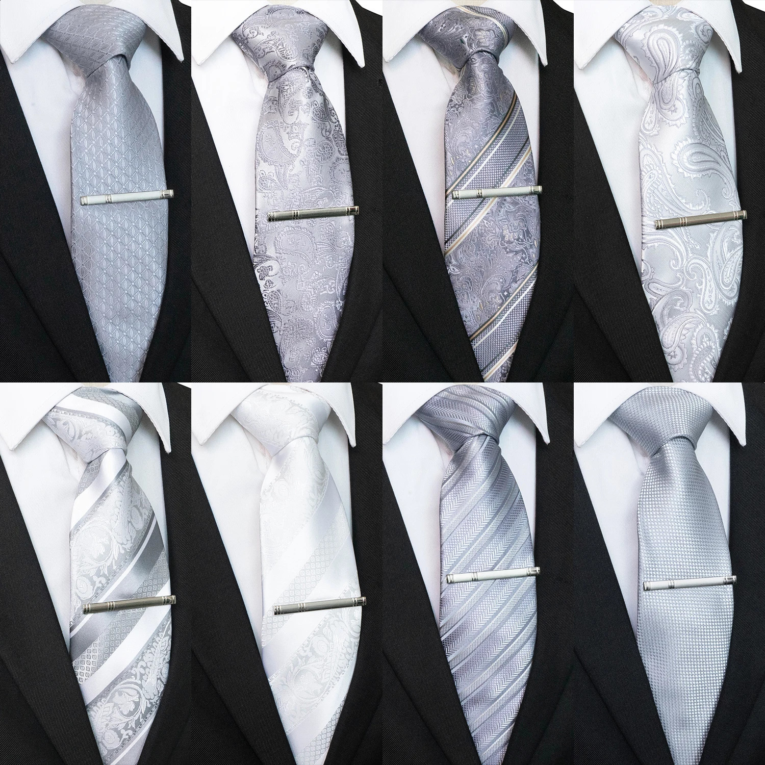 JEMYGINS White Gray Sliver Mens Ties Hanky Cufflinks Tie clip Set 8cm Silk Neck ties For Men Wedding Party Business Gift 250114