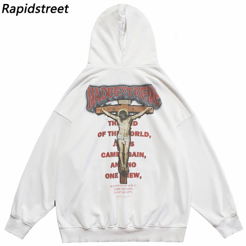 2023 Hip Hop Men Sweatshirt Hoodie Retro Streetwear Jesus Letter Graphic Washed Black Pullover Harajuku Cotton Hooded 250109